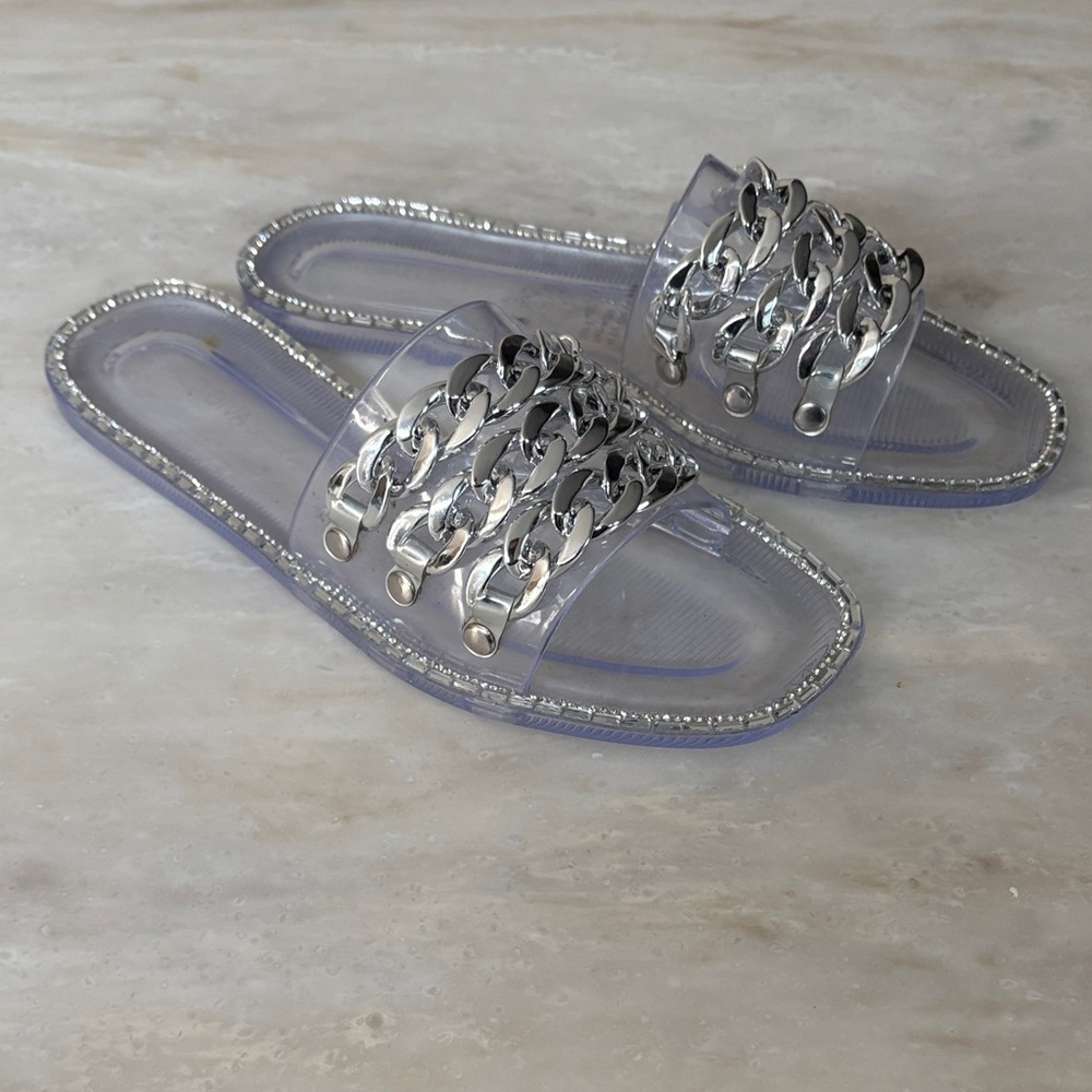 Wild Diva Silver Chain Clear Slide Sandals